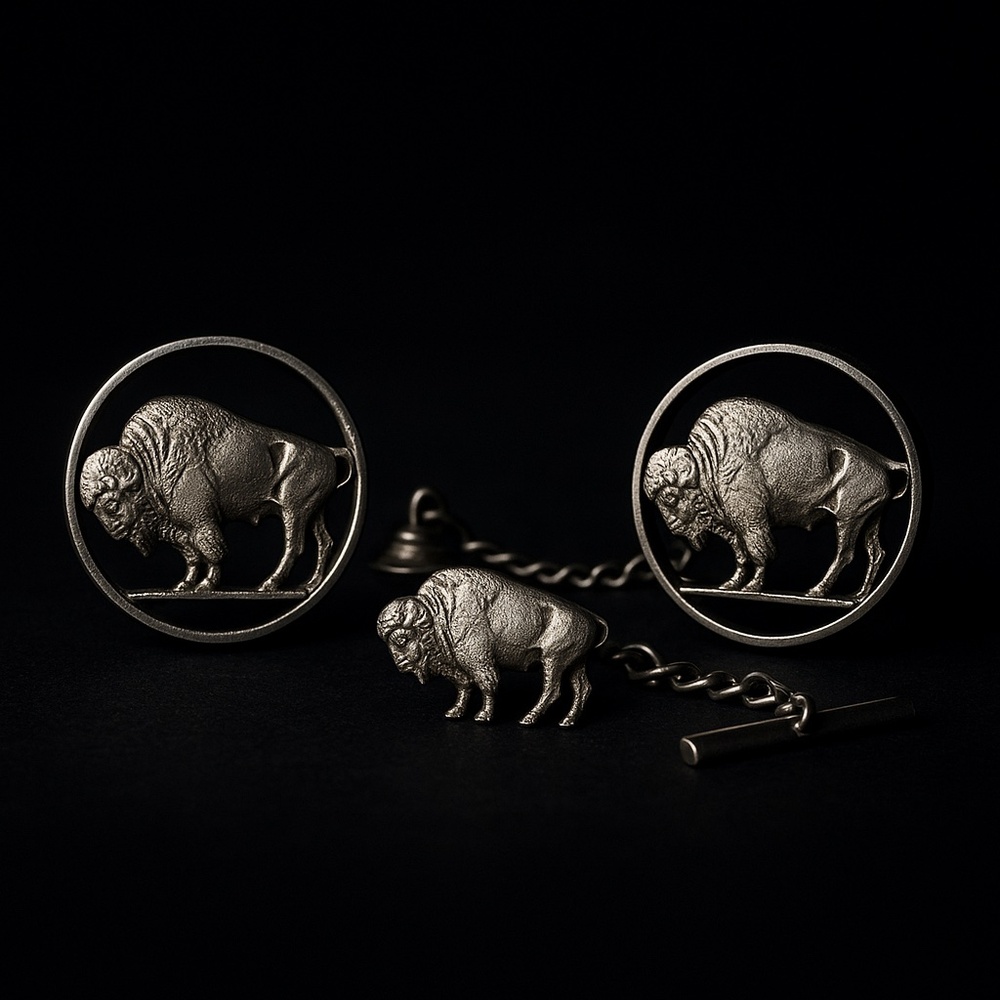 Buffalo Nickel Cut-Out Cufflinks + Tie Pin
